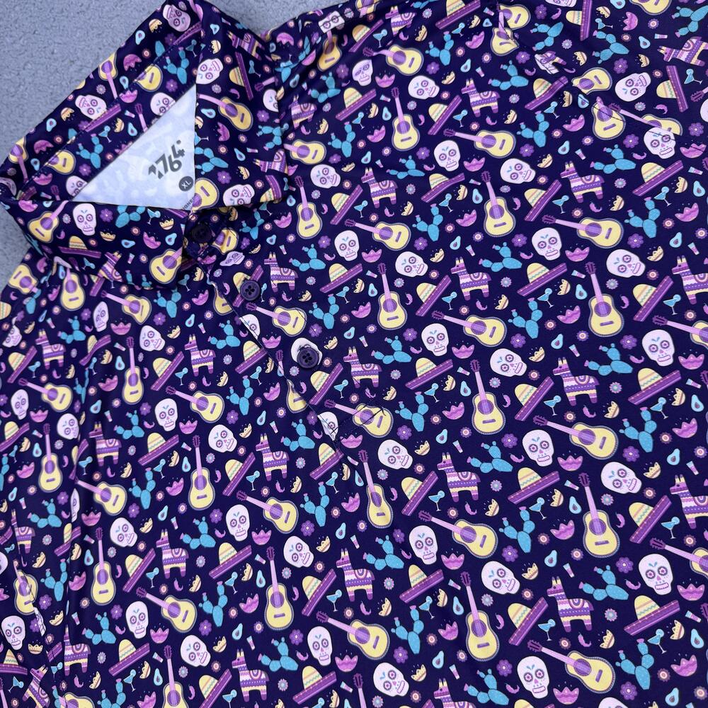 1764 Polo Shirt Mens XL Purple Fiesta Sugar Skull Guitar All Over Print Golf